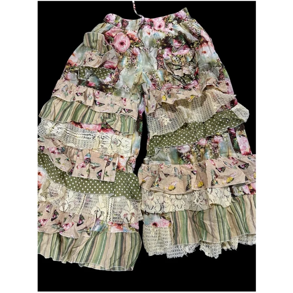 Boho Cotton Floral Butterfly Print Stretchy Waist Ruffle detail Pants - Picture 4 of 4